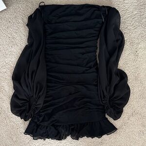 Black Ruffled Mini Dress with Sheer Billow Sleeves